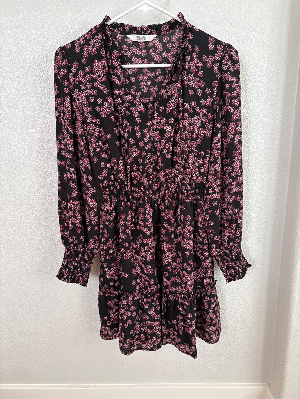 BB Dakota Steve Madden Black Long Sleeve Dress with Pink Floral Print